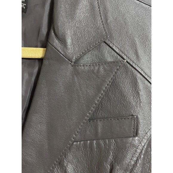 Vintage Leather Jacket Gray 8P Neutral Blazer Tailored Classic Chic Western 80s - Picture 7 of 14